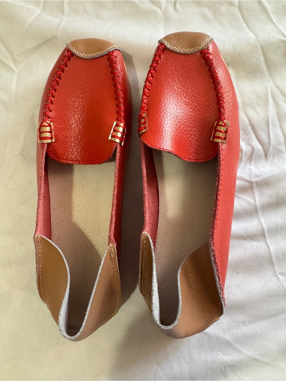 Women’s Red Leather Slip-On Loafers with Braided Trim
